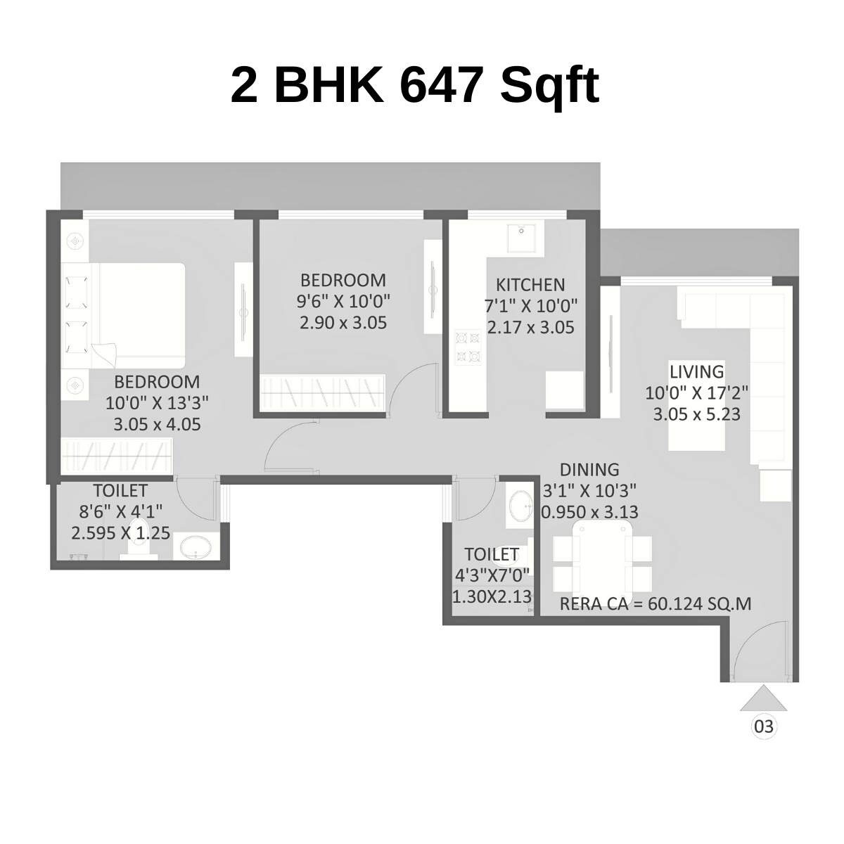 Floor plan of 2 BHK 647 Sq. Ft. Apartment in Maithili The Trellis, Navi Mumbai