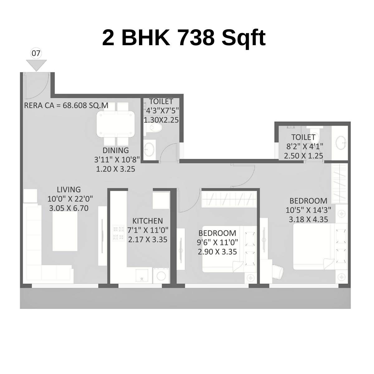 Floor plan of 2 BHK 738 Sq. Ft. Apartment in Maithili The Trellis, Navi Mumbai
