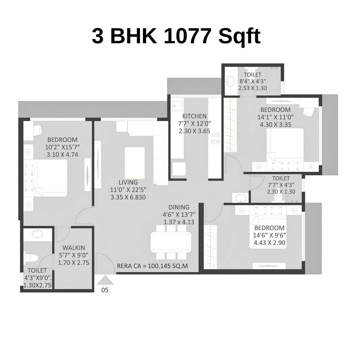 Floor plan of 3 BHK 1077 Sq. Ft. Apartment in Maithili The Trellis, Navi Mumbai