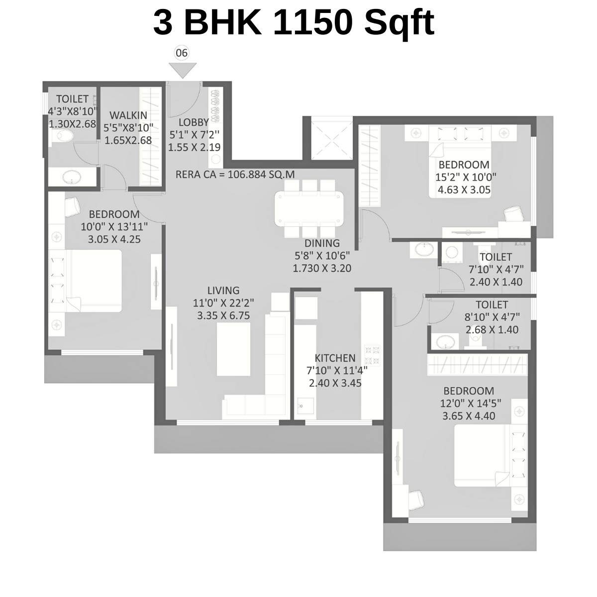Floor plan of 3 BHK 1150 Sq. Ft. Apartment in Maithili The Trellis, Navi Mumbai