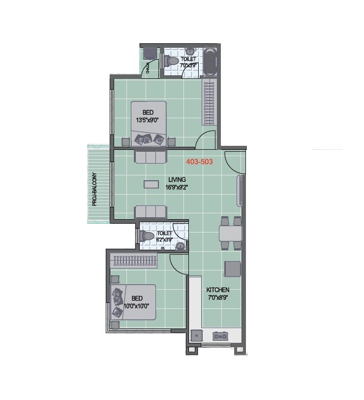 Floor plan of 2 BHK 611 Sq. Ft. Apartment in Maitree Godavari Grandeur, Navi Mumbai