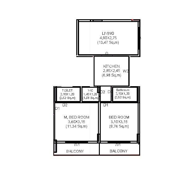 2 BHK 1000 Sq. Ft. Apartment