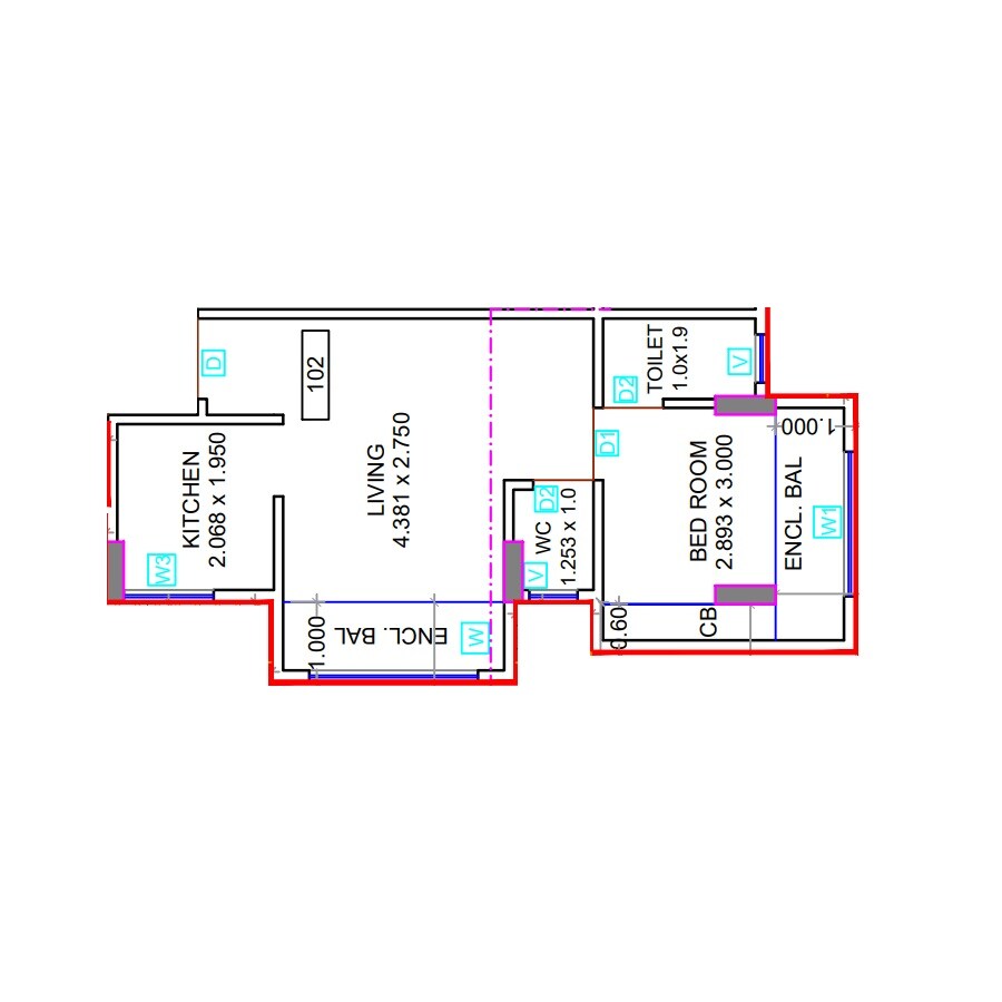 Floor plan of 1 BHK 290 Sq. Ft. Apartment in Mal Sunrise Towers, Navi Mumbai