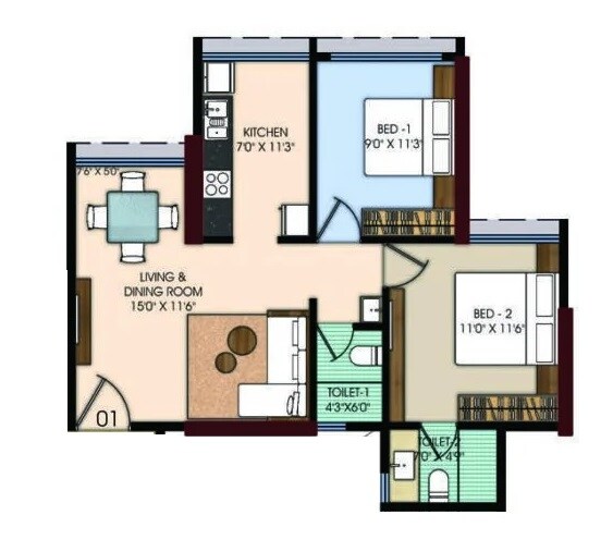 Floor plan of 2 BHK 623 Sq. Ft. Apartment in Malhar 24 East, Navi Mumbai