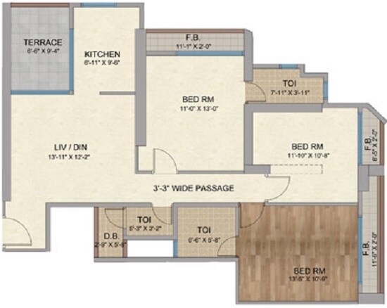 Floor plan of 3 BHK 836 Sq. Ft. Apartment in Man Residences, Navi Mumbai