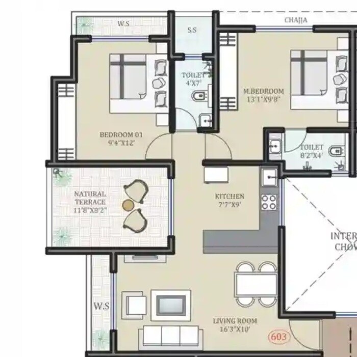 Floor plan of 2 BHK 587 Sq. Ft. Apartment in Mangalmurti Shree Omkar CHS, Navi Mumbai