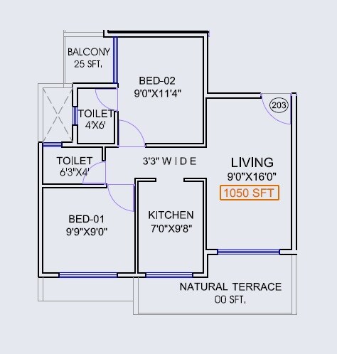 Floor plan of 2 BHK 500 Sq. Ft. Apartment in Mansarovar Govind Ameya, Navi Mumbai