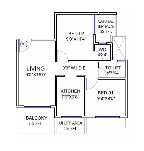 Floor plan of 2 BHK 503 Sq. Ft. Apartment in Mansarovar Govind Ameya, Navi Mumbai