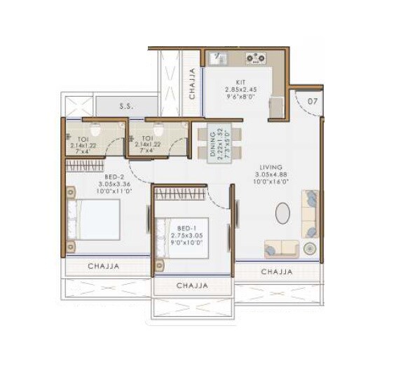 Floor plan of 2 BHK 453 Sq. Ft. Apartment in Mansh Bhaveshwar Callista, Navi Mumbai