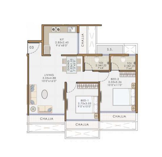 Floor plan of 2 BHK 578 Sq. Ft. Apartment in Mansh Bhaveshwar Callista, Navi Mumbai