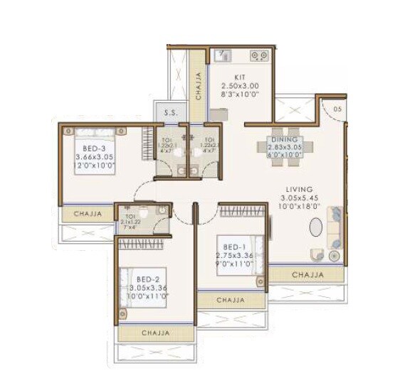 Floor plan of 3 BHK 805 Sq. Ft. Apartment in Mansh Bhaveshwar Callista, Navi Mumbai