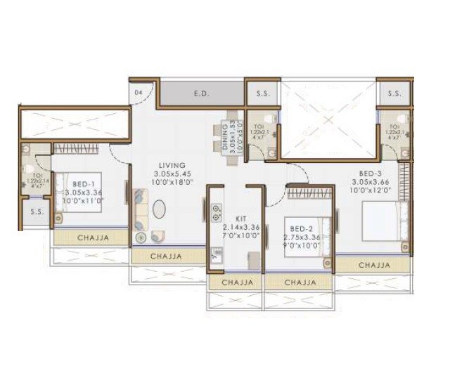 Floor plan of 3 BHK 820 Sq. Ft. Apartment in Mansh Bhaveshwar Callista, Navi Mumbai