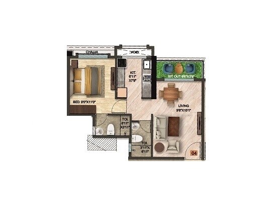 Floor plan of 1 BHK 368 Sq. Ft. Apartment in Qualcon Mantram Solacia, Navi Mumbai