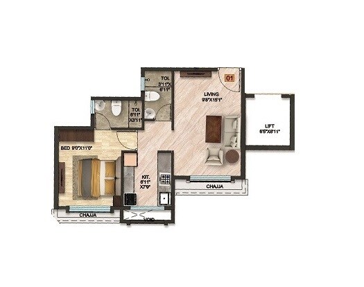 Floor plan of 1 BHK 418 Sq. Ft. Apartment in Qualcon Mantram Solacia, Navi Mumbai