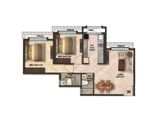 Floor plan of 2 BHK 529 Sq. Ft. Apartment in Qualcon Mantram Solacia, Navi Mumbai