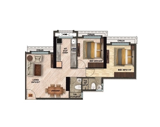 Floor plan of 2 BHK 619 Sq. Ft. Apartment in Qualcon Mantram Solacia, Navi Mumbai