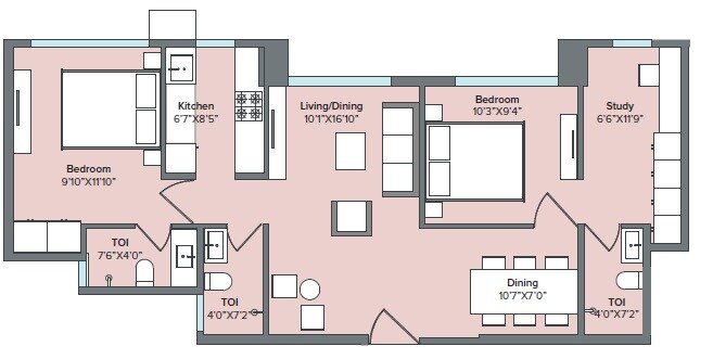 Floor plan of 2 BHK 913 Sq. Ft. Apartment in Marathon Nexzone, Navi Mumbai