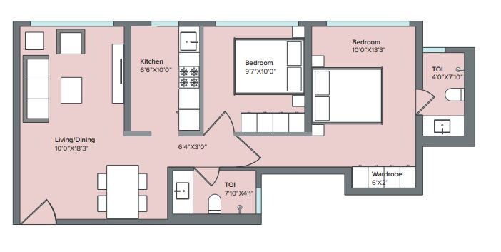 Floor plan of 2 BHK 720 Sq. Ft. Apartment in Marathon Nexzone Cedar 1, Navi Mumbai