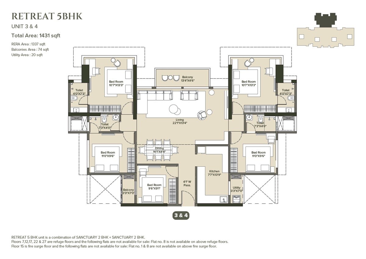 Floor plan of 5 BHK 1431 Sq. Ft. Apartment in Marathon Nexzone Nirvana, Navi Mumbai