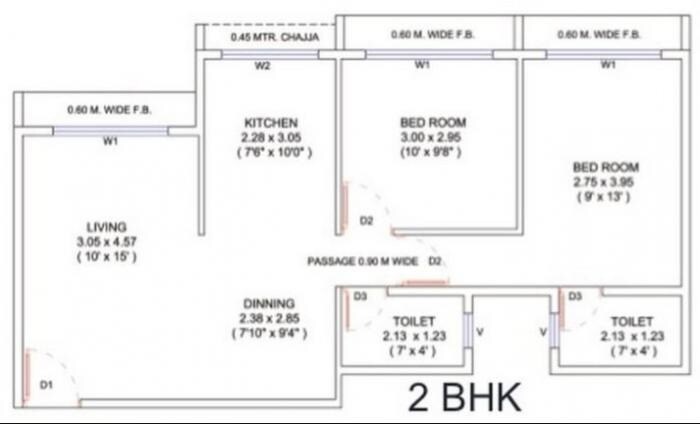 Floor plan of 2 BHK 514 Sq. Ft. Apartment in Marvel Sai Shanti Park Aaradhya A B, Navi Mumbai