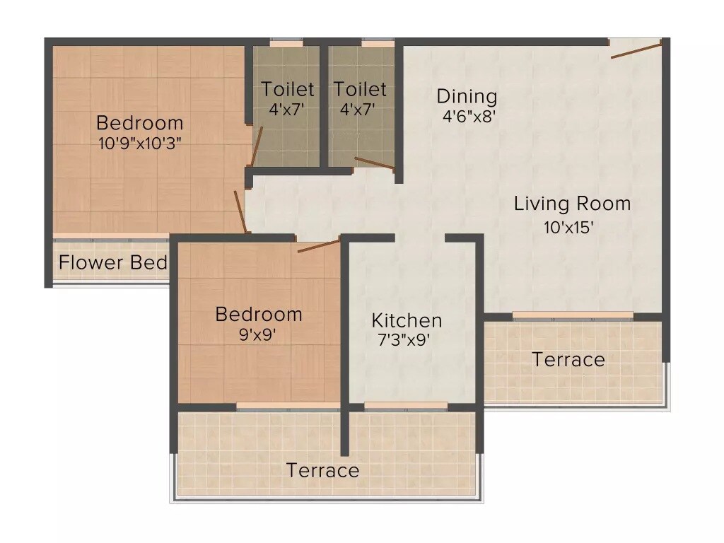 Floor plan of 2 BHK 1021 Sq. Ft. Apartment in Marvels Soham, Navi Mumbai