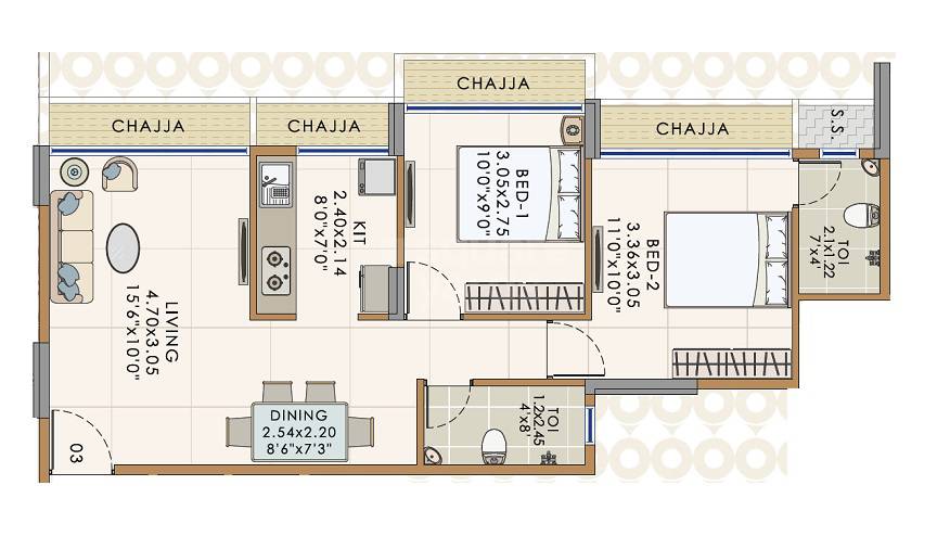 Floor plan of 2 BHK 576 Sq. Ft. Apartment in Mass Insignia, Navi Mumbai