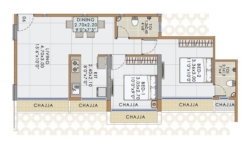 Floor plan of 2 BHK 581 Sq. Ft. Apartment in Mass Insignia, Navi Mumbai