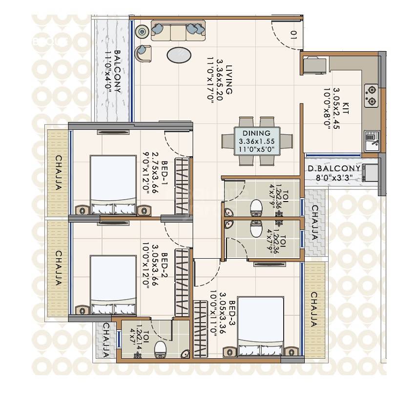 Floor plan of 3 BHK 809 Sq. Ft. Apartment in Mass Insignia, Navi Mumbai