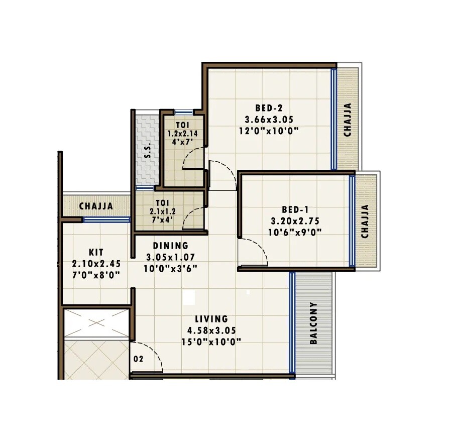 Floor plan of 2 BHK Apartment - 505 sq. ft. in Matrix Elegance, Navi Mumbai