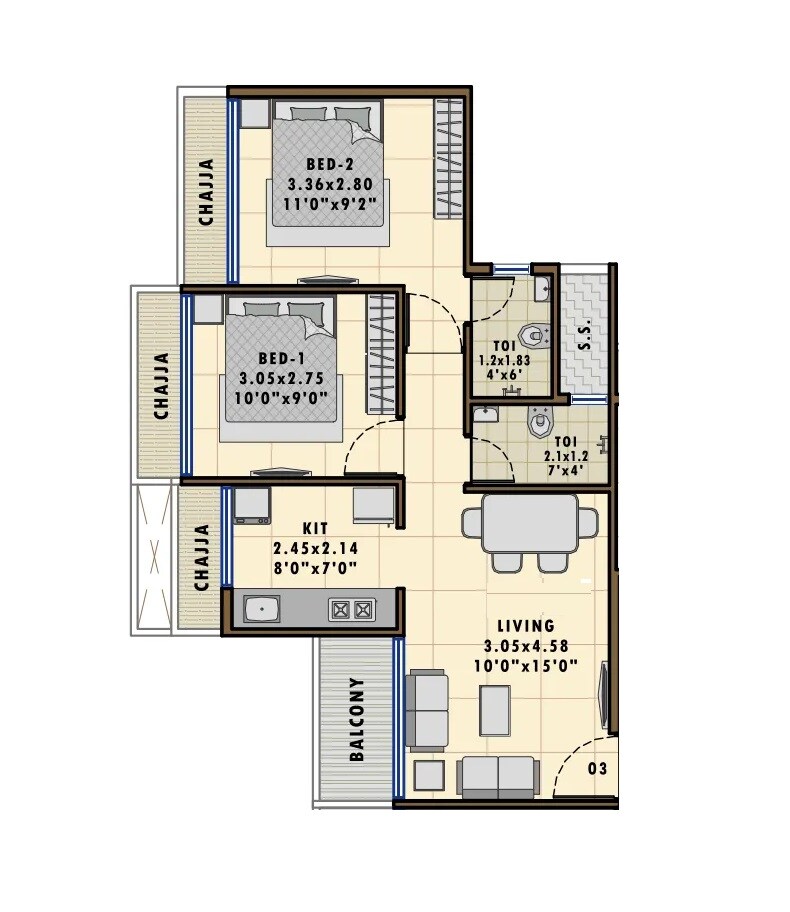 Floor plan of 2 BHK Apartment - 599 sq. ft. in Matrix Elegance, Navi Mumbai