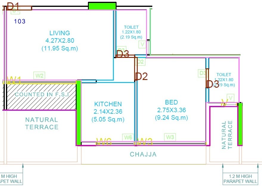 Floor plan of 1 BHK 351 Sq. Ft. Apartment in Matrix Imperial, Navi Mumbai