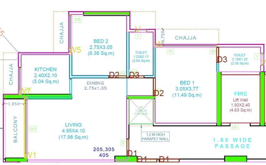 Floor plan of 2 BHK 421 Sq. Ft. Apartment in Matrix Imperial, Navi Mumbai