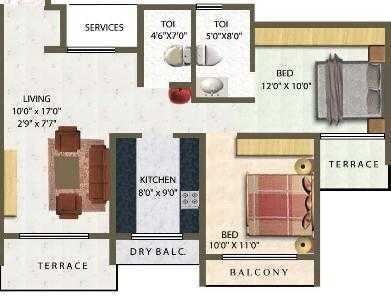 Floor plan of 2 BHK 1175 Sq. Ft. Apartment in Meena Residency Kharghar, Navi Mumbai