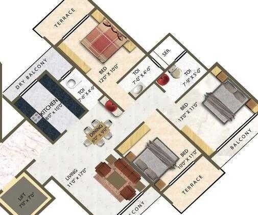Floor plan of 3 BHK 1660 Sq. Ft. Apartment in Meena Residency Kharghar, Navi Mumbai