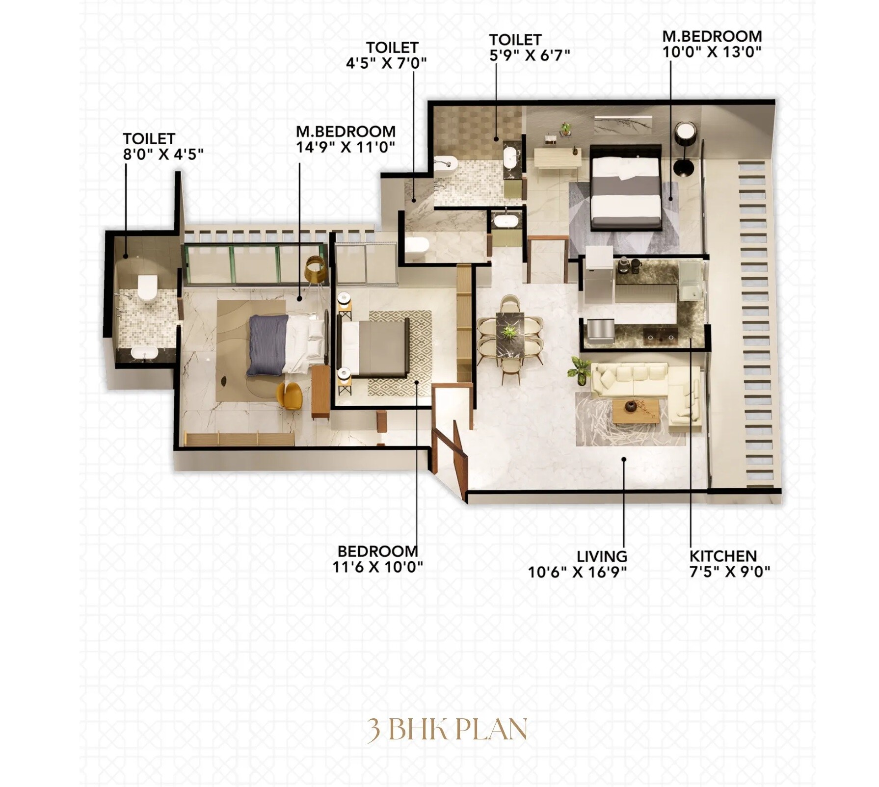 Floor plan of 3 BHK 886 Sq. Ft. Apartment in Mega 75 West, Navi Mumbai