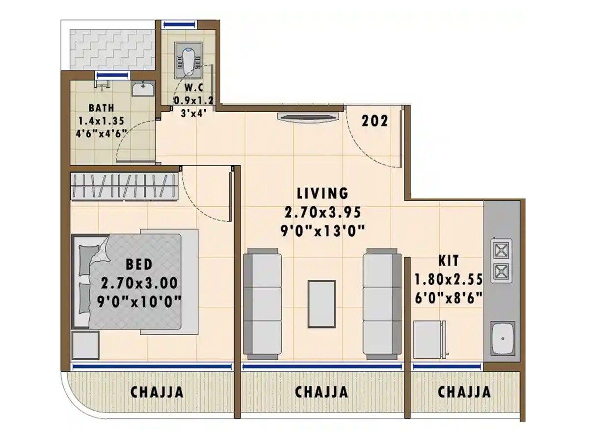 Floor plan of 1 BHK 254 Sq. Ft. Apartment in Meraki Milestone Home, Navi Mumbai