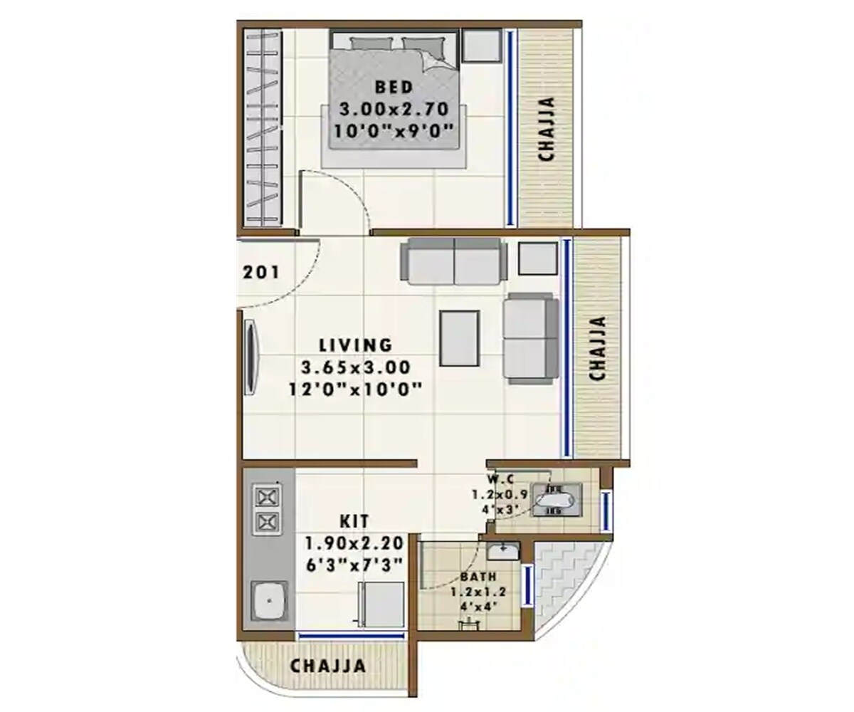 Floor plan of 1 BHK 269 Sq. Ft. Apartment in Meraki Milestone Home, Navi Mumbai