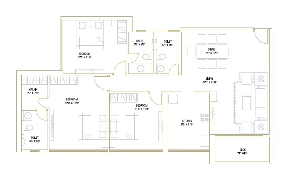Floor plan of 3 BHK 1209 Sq. Ft. Apartment in Metricon The Gateway, Navi Mumbai