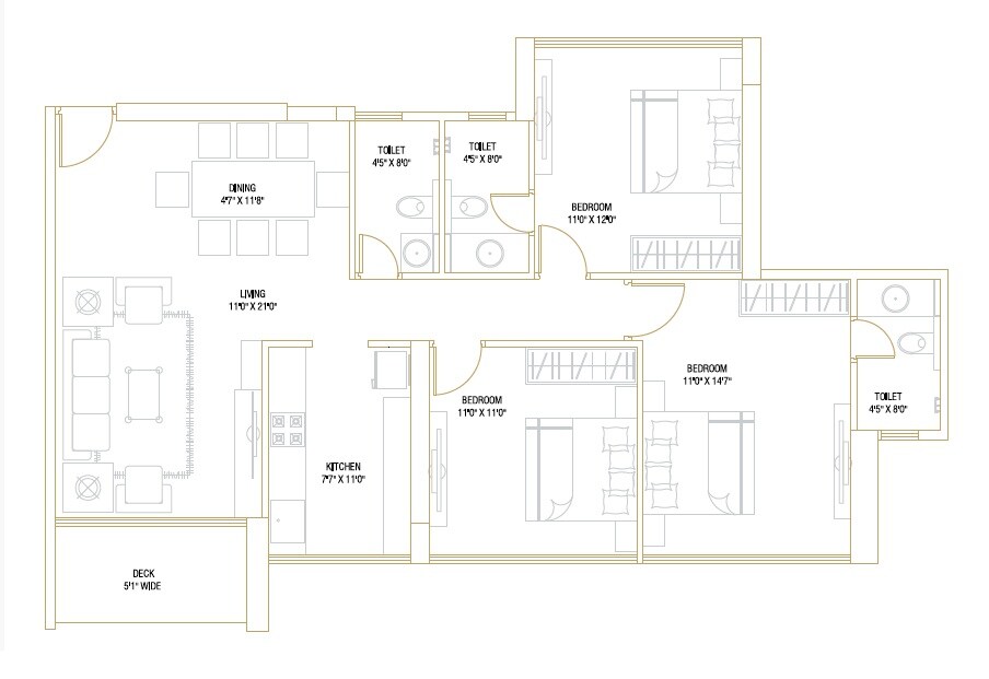 Floor plan of 3 BHK 888 Sq. Ft. Apartment in Metricon The Gateway, Navi Mumbai