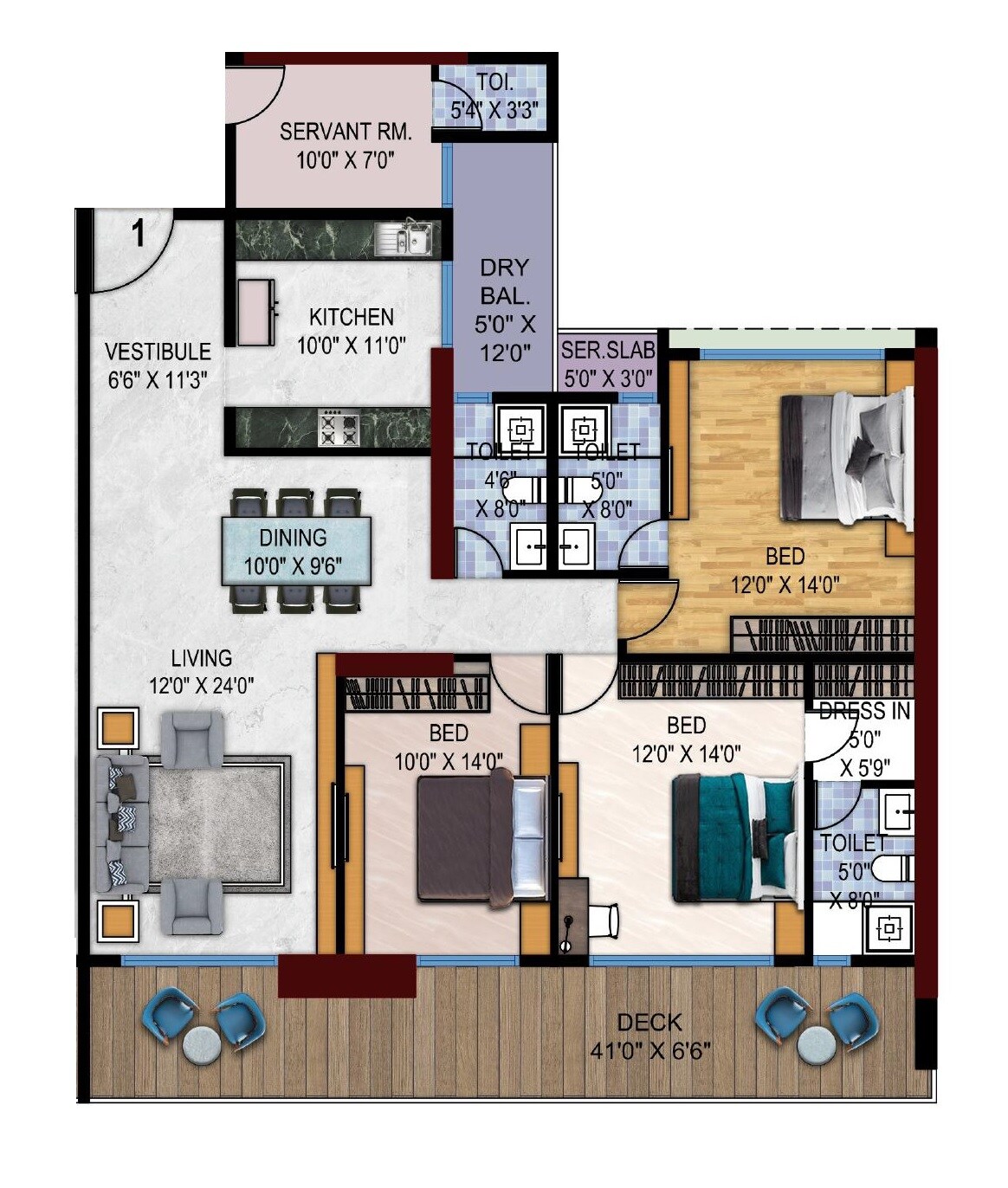 Floor plan of 3 BHK 1650 Sq. Ft. Apartment in Metro Aykon, Navi Mumbai