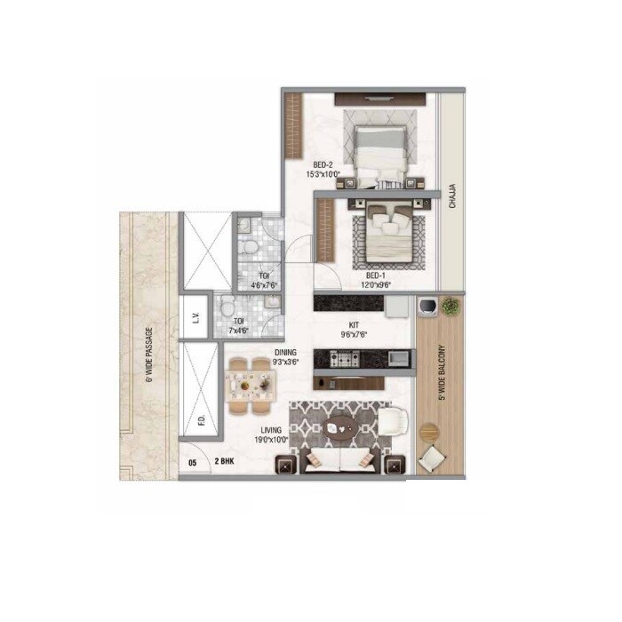 2 BHK 715 Sq. Ft. Apartment