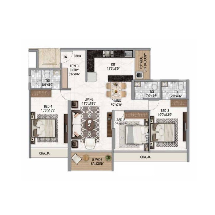 3 BHK 1044 Sq. Ft. Apartment