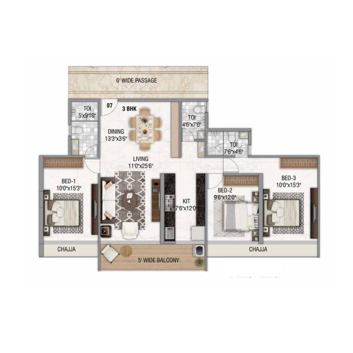 3 BHK 924 Sq. Ft. Apartment