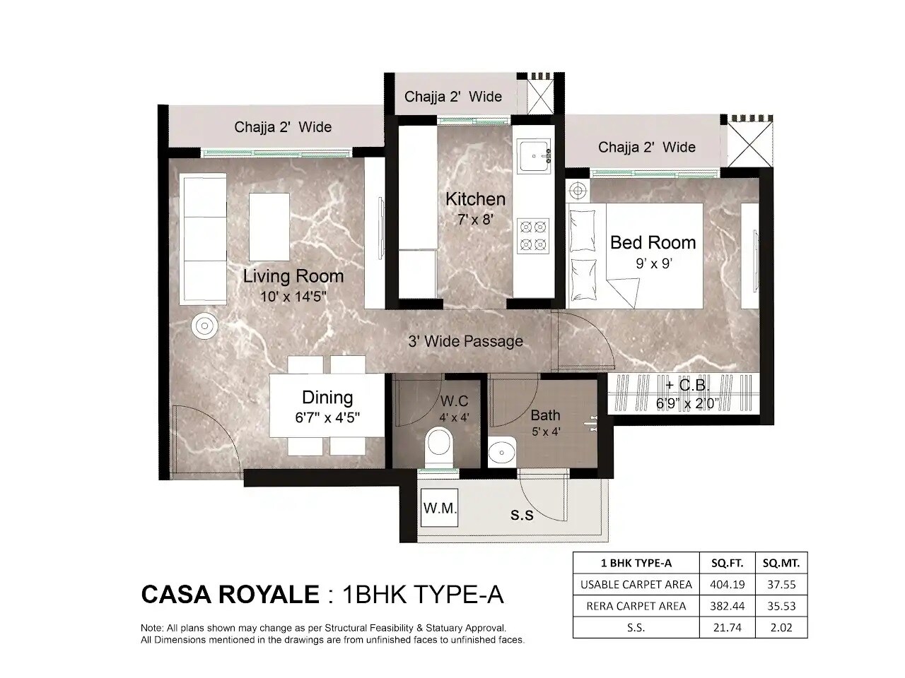 Floor plan of 1 BHK 404 Sq. Ft. Apartment in Metro Satyam Queens Necklace, Navi Mumbai