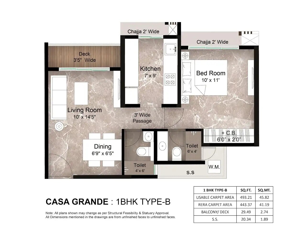 Floor plan of 1 BHK 493 Sq. Ft. Apartment in Metro Satyam Queens Necklace, Navi Mumbai