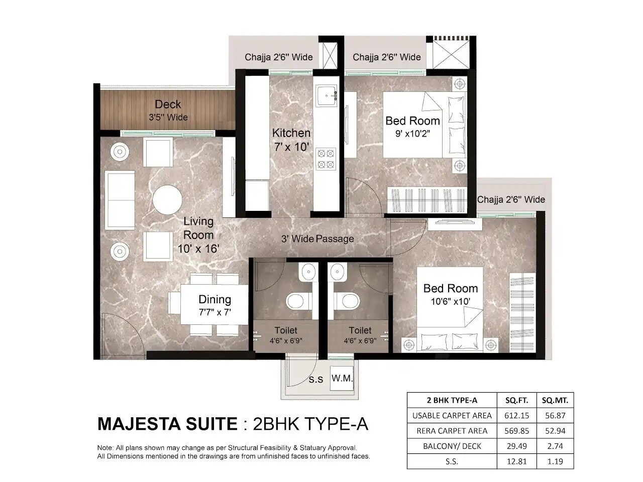 Floor plan of 2 BHK 612 Sq. Ft. Apartment in Metro Satyam Queens Necklace, Navi Mumbai