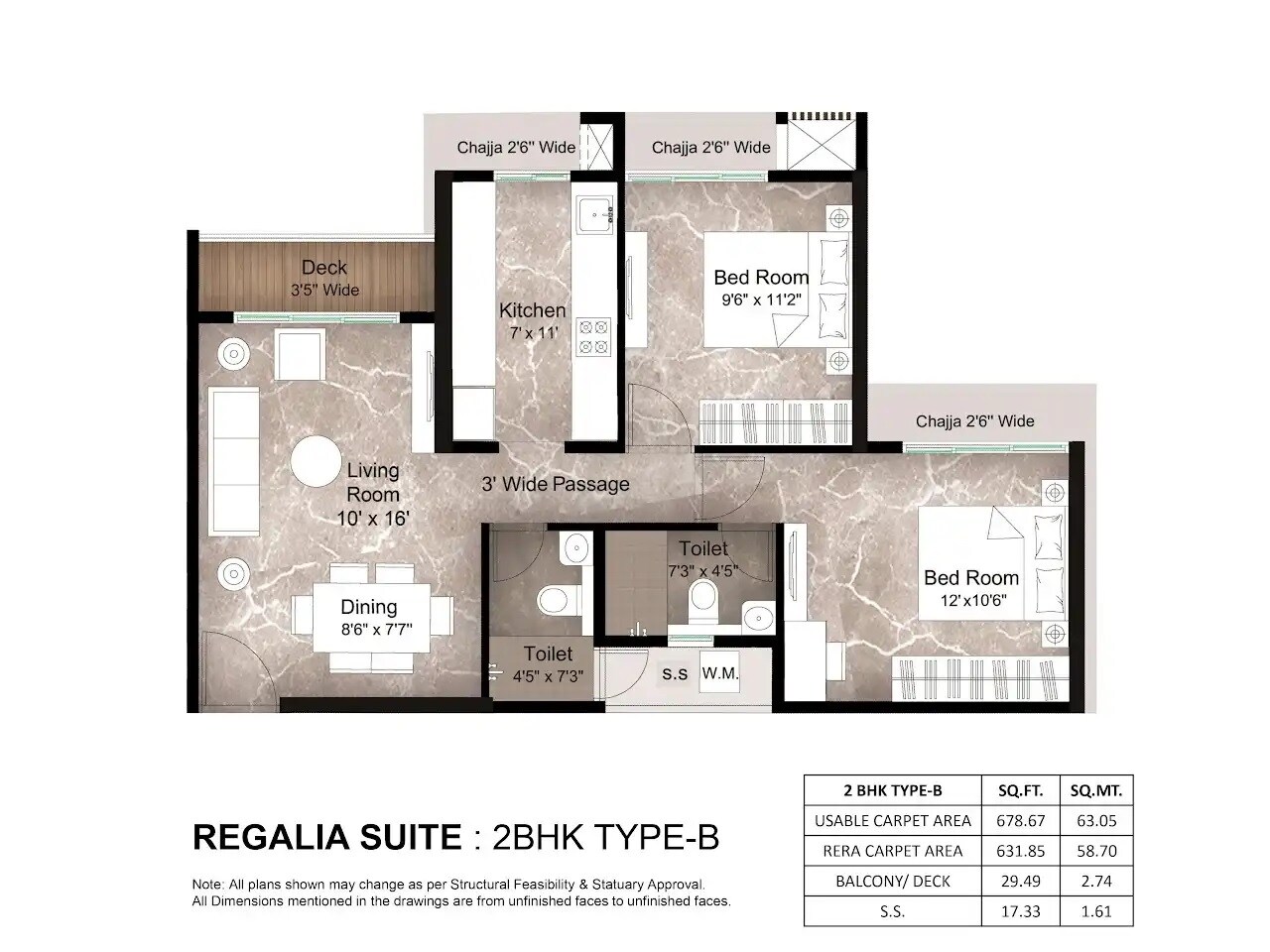 Floor plan of 2 BHK 678 Sq. Ft. Apartment in Metro Satyam Queens Necklace, Navi Mumbai