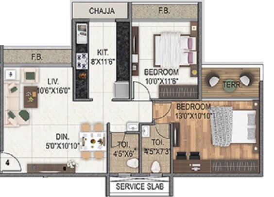 Floor plan of 2 BHK 484 Sq. Ft. Apartment in Metro The Palms, Navi Mumbai