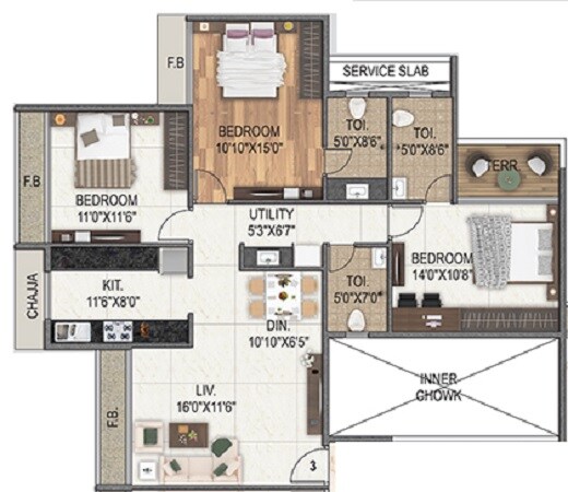 Floor plan of 3 BHK 788 Sq. Ft. Apartment in Metro The Palms, Navi Mumbai
