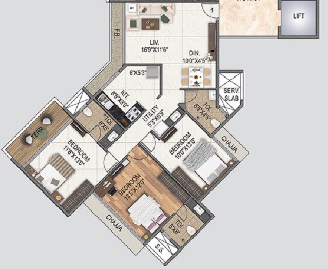 Floor plan of 3 BHK 743 Sq. Ft. Apartment in Metro The Palms, Navi Mumbai